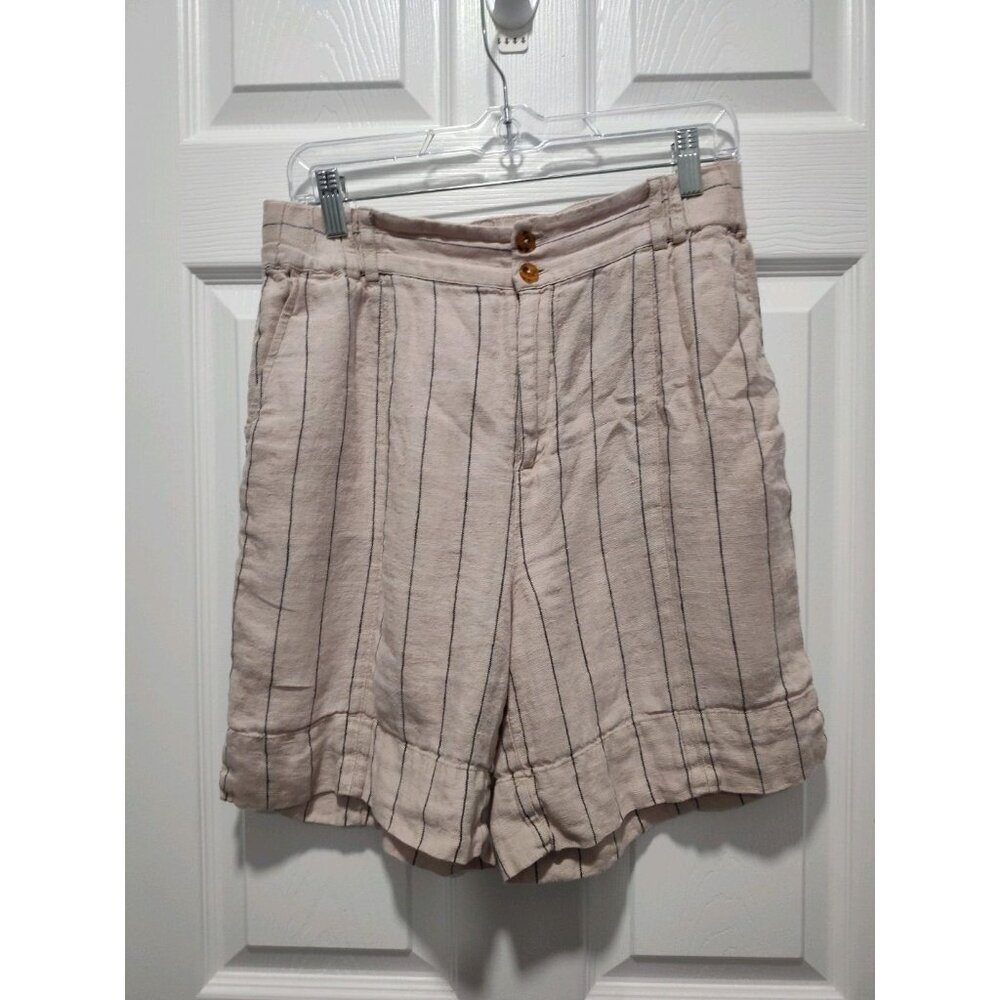 Soft Surroundings Tan Khaki Montecito 100% Linen Shorts Size‎ Small Blue Stripe - Picture 9 of 9